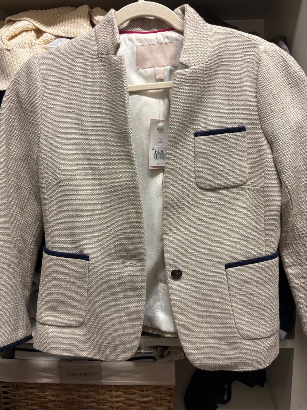 Banana Republic Cream Textured Blazer with Navy Trim